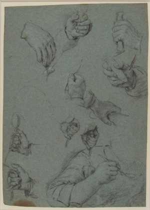 Handenstudies en een vrouw die een lepel vasthoudt