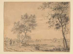 flat-landscape-behind-a-tree-on-the-right-a-rider-and-man-on-foot-on-the-left