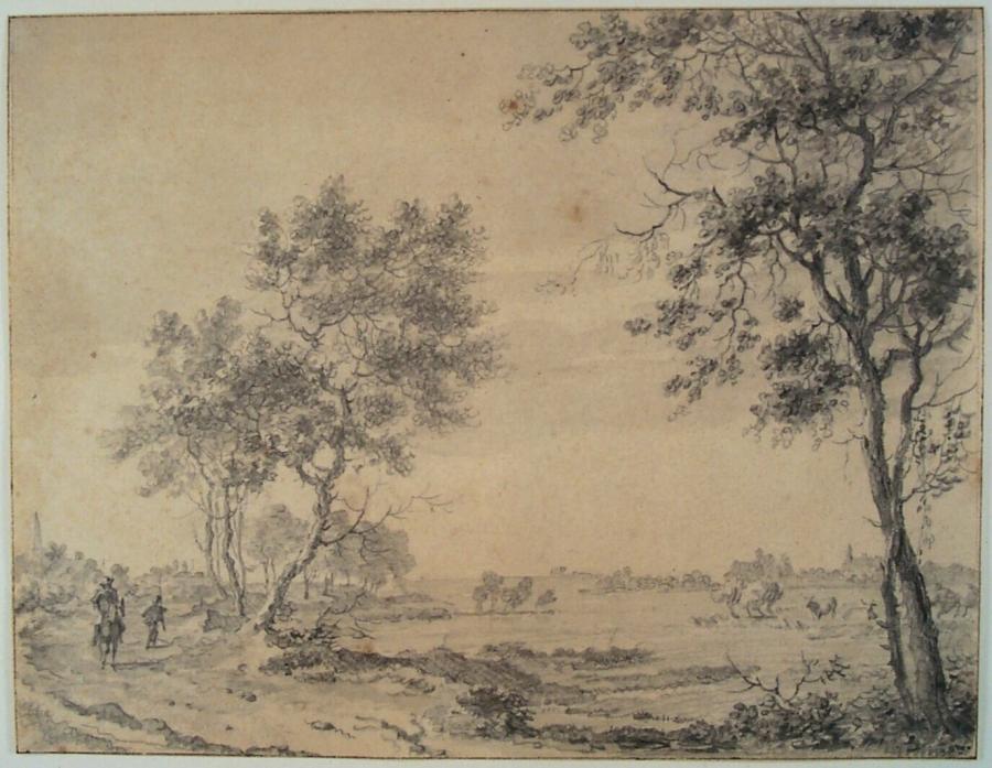 Vlak landschap rechts achter een boom, links een ruiter en man te voet