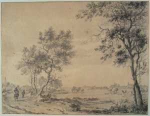 vlak-landschap-rechts-achter-een-boom-links-een-ruiter-en-man-te-voet