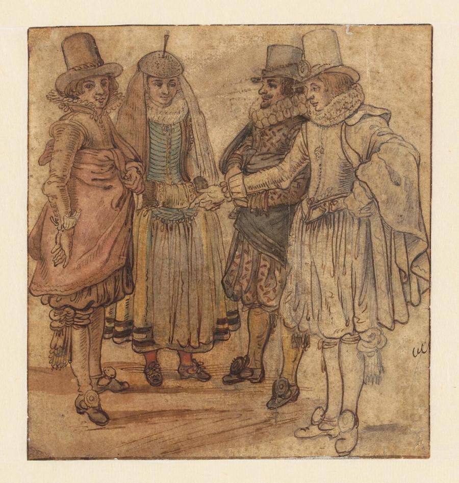 Three Gallant Gentlemen and a Lady in Conversation