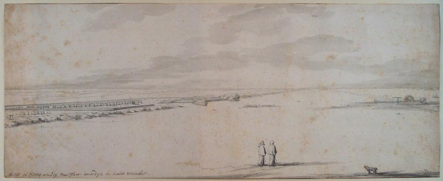 Het fort Mardijk met de schans het Houten Wambus aan het strand bij de haven van Duinkerken