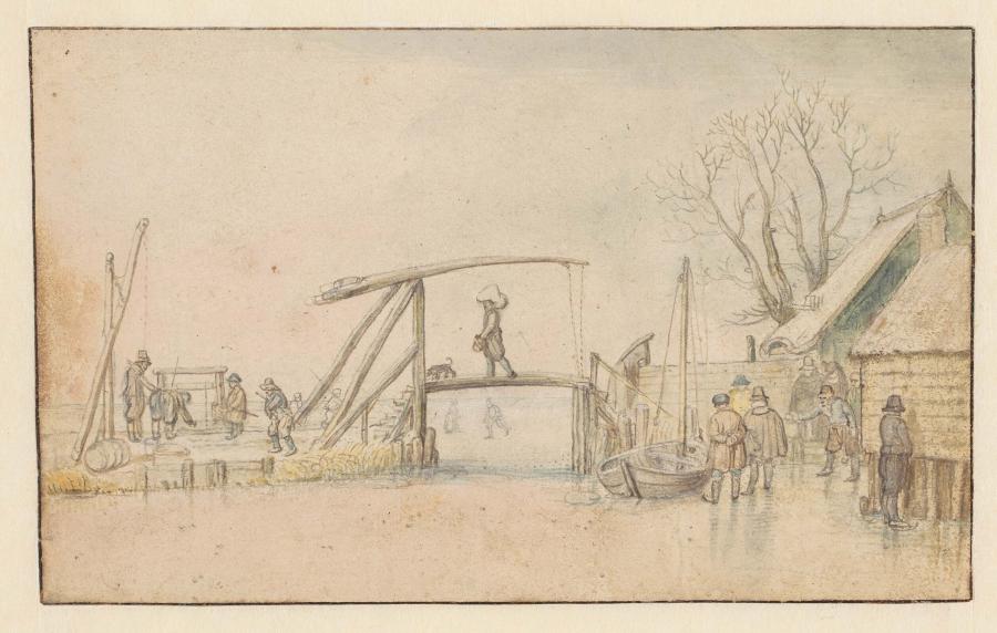 Wintergezicht met ophaalbrug, boerderij en figuren