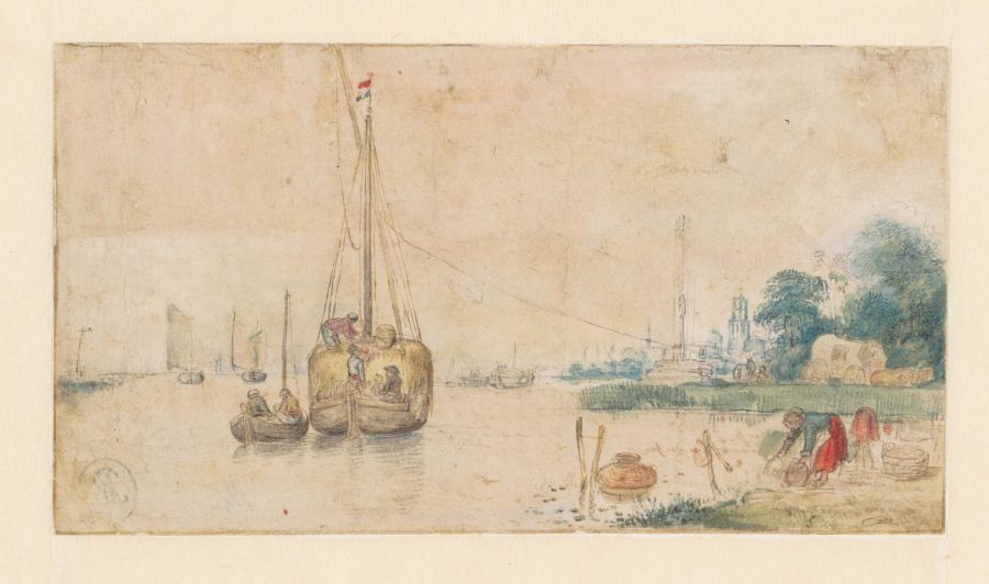 Rivierlandschap bij Utrecht met een hooischuit