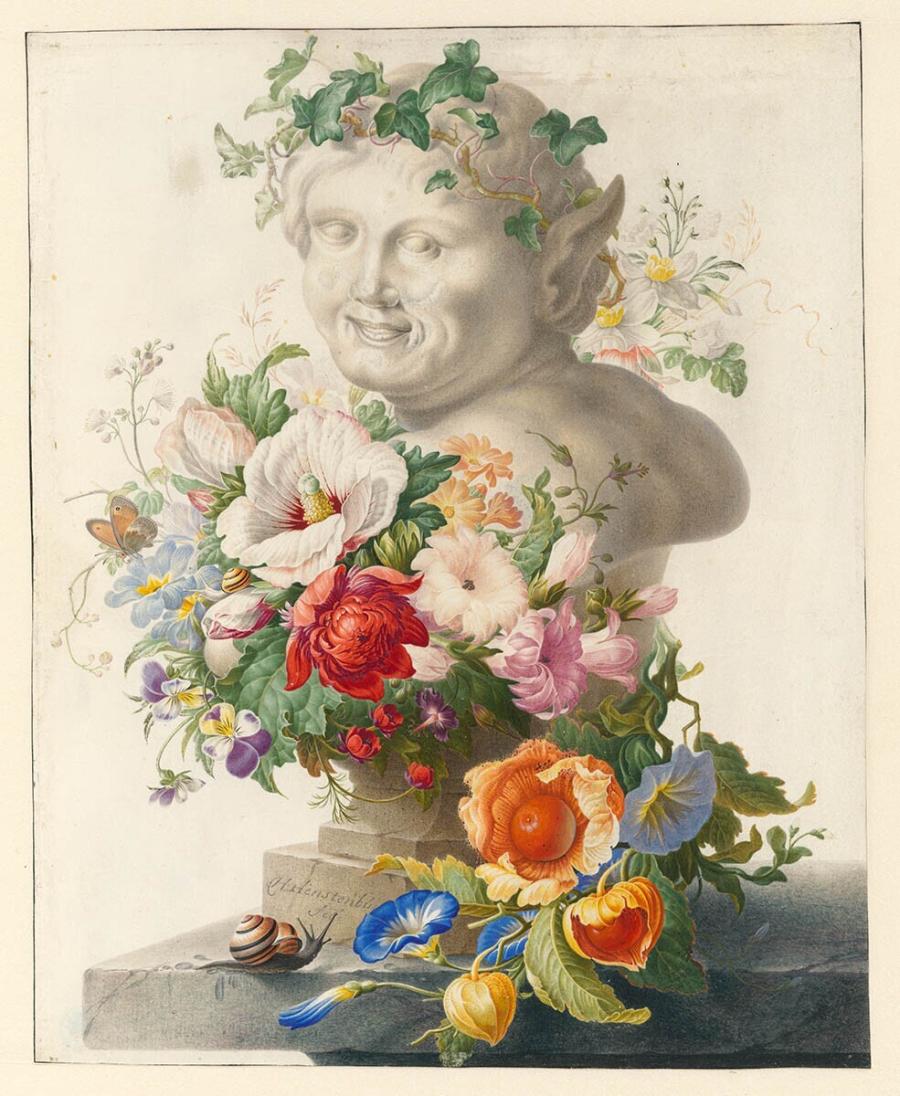 Stenen borstbeeld van een faun, omringd met bloemen