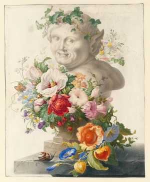 stenen-borstbeeld-van-een-faun-omringd-met-bloemen