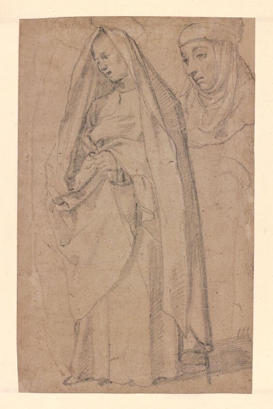 Standing woman holding a stick; and a study of a female head