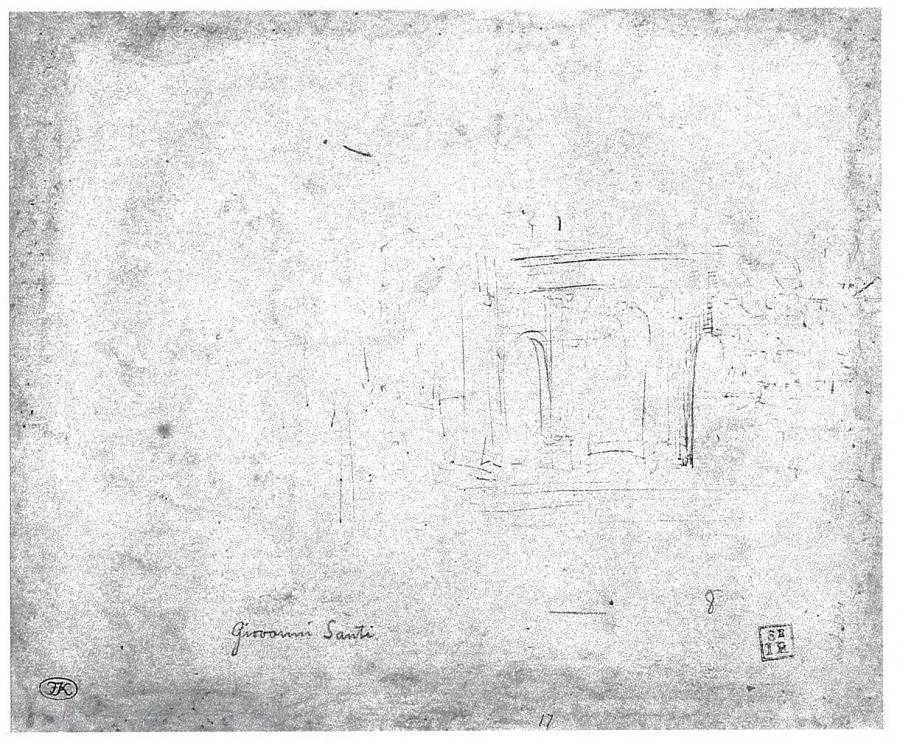 Architectuurschets met arcade en landschap