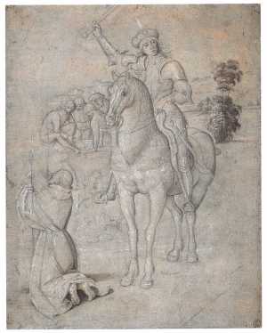 three-motifs-from-the-crucifixion-fresco-in-santa-maria-degli-angeli-in-assisi-a-horseman-st-francis-kneeling-beneath-the-cross-a-group-of-people-casting-dice