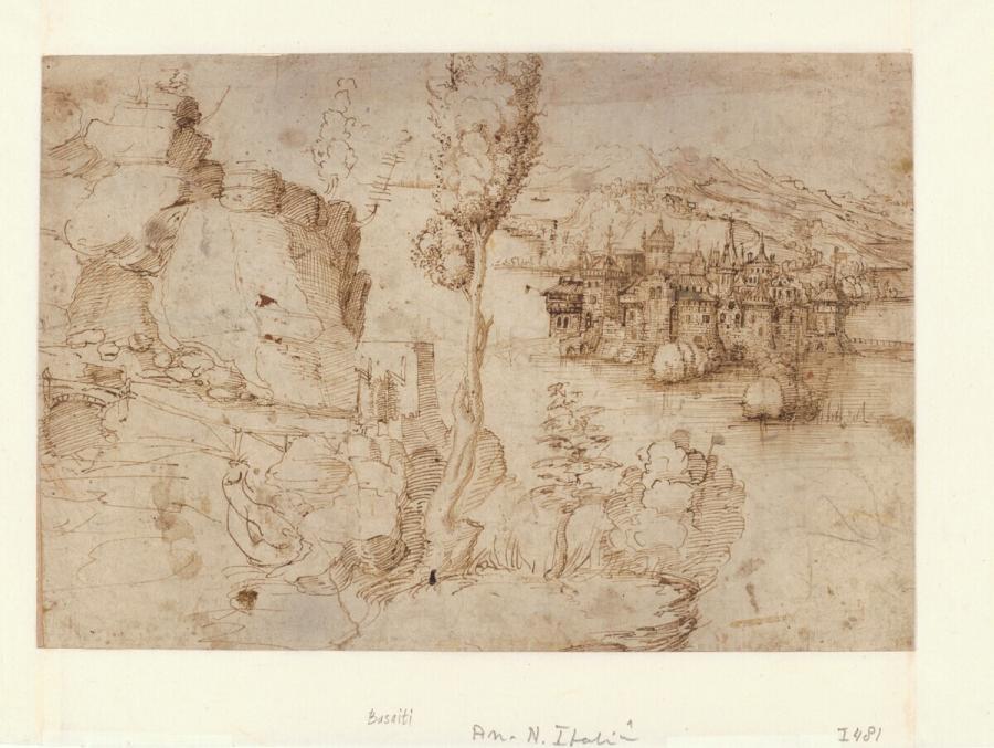 Rocky Landscape with Hills and a City on a Lake