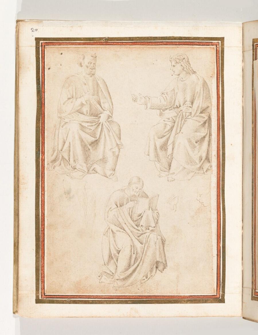 Folio from the Gozzoli Album: Three Seated Male Figures, the Lower Figure Holding a Book