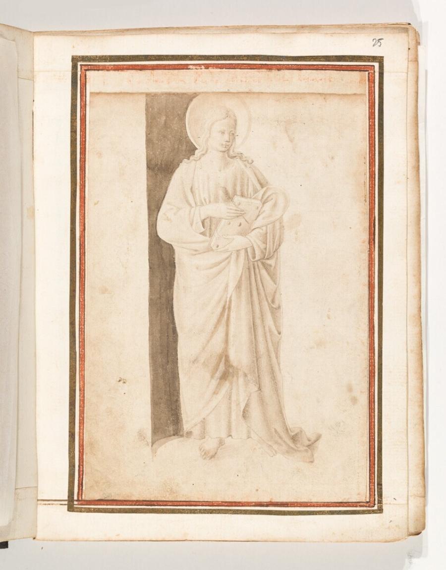 Folio from the Gozzoli Album: Standing Male Saint Holding a Book and a Pen
