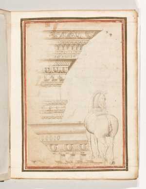 Folio from the Gozzoli Album: Two Classical Entablatures, Striding Horse Seen from Behind