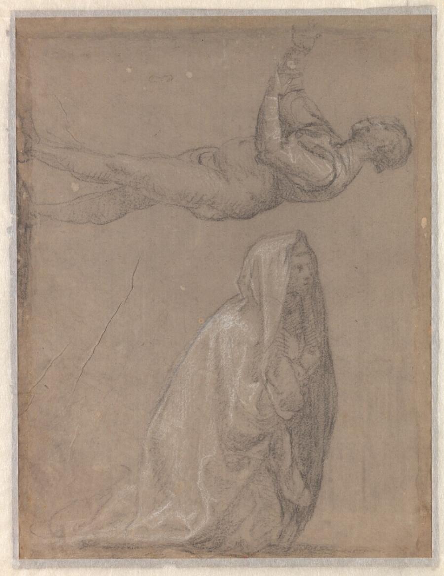 Twee studies van een knielende vrouw met gekruisde handen en een staande figuur voor de heilige Anna en Maria