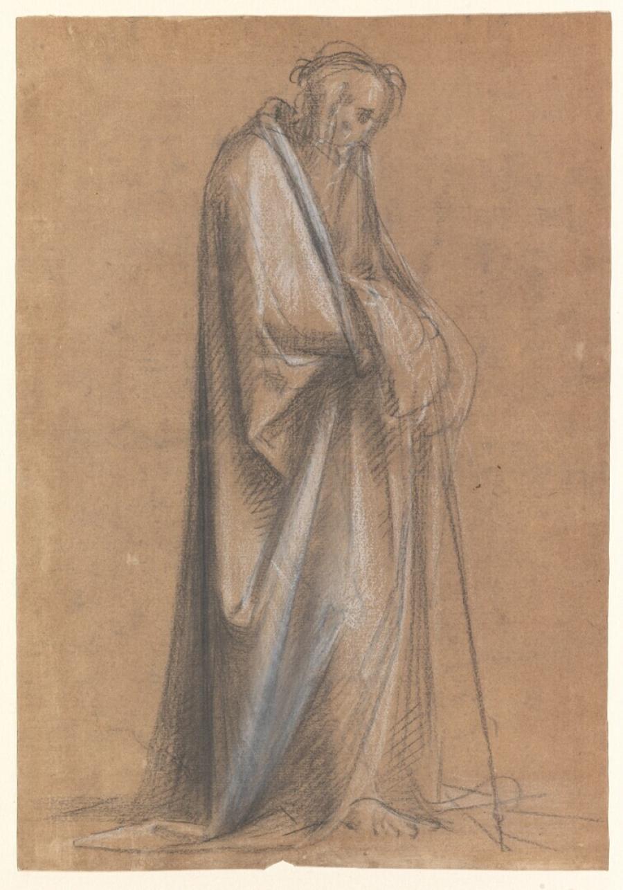 Studie voor een staande profeet leunend op een stok in 'Het Laatste Oordeel'