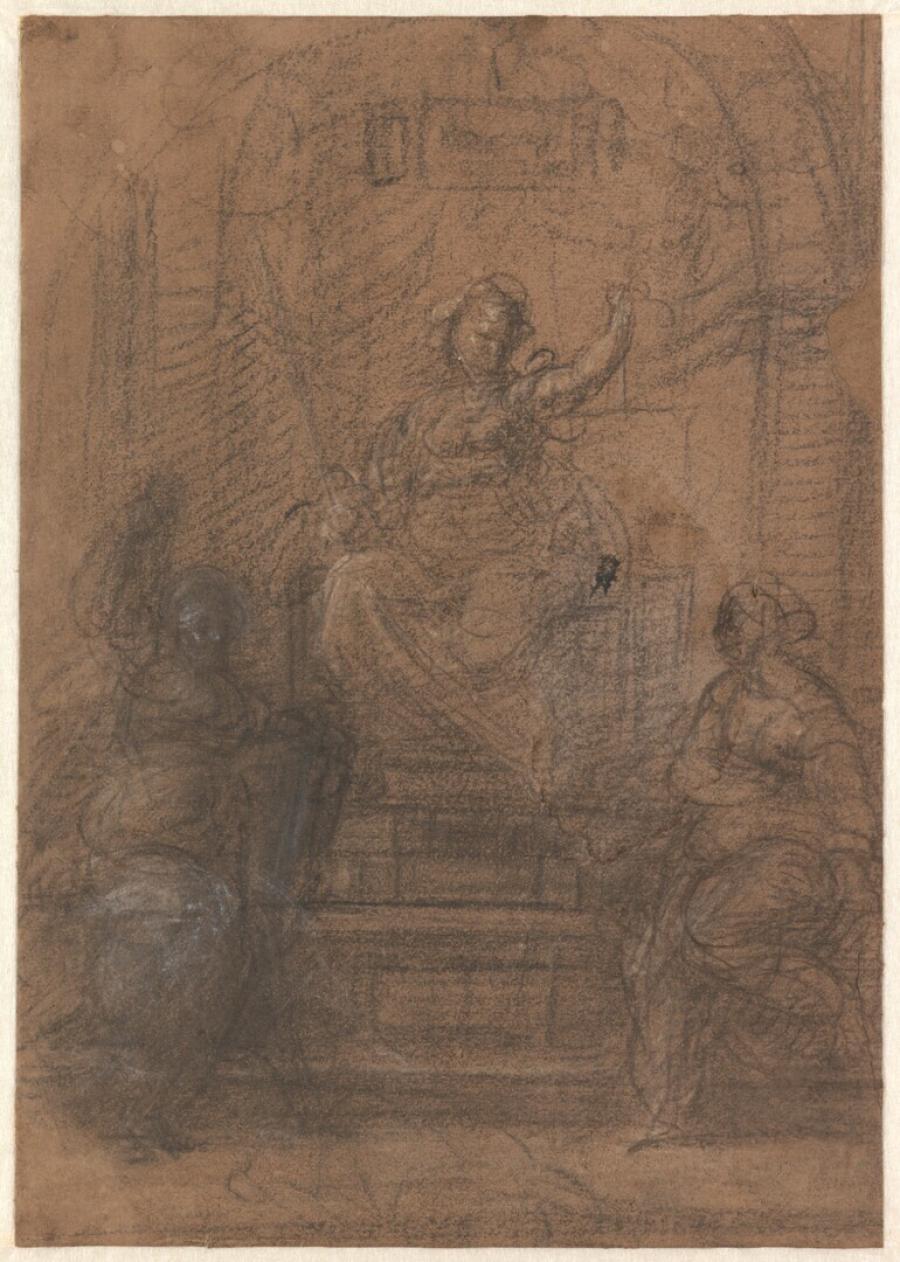 Compositiestudie voor een 'Tronende vrouwe Justitia met twee allegorische figuren'