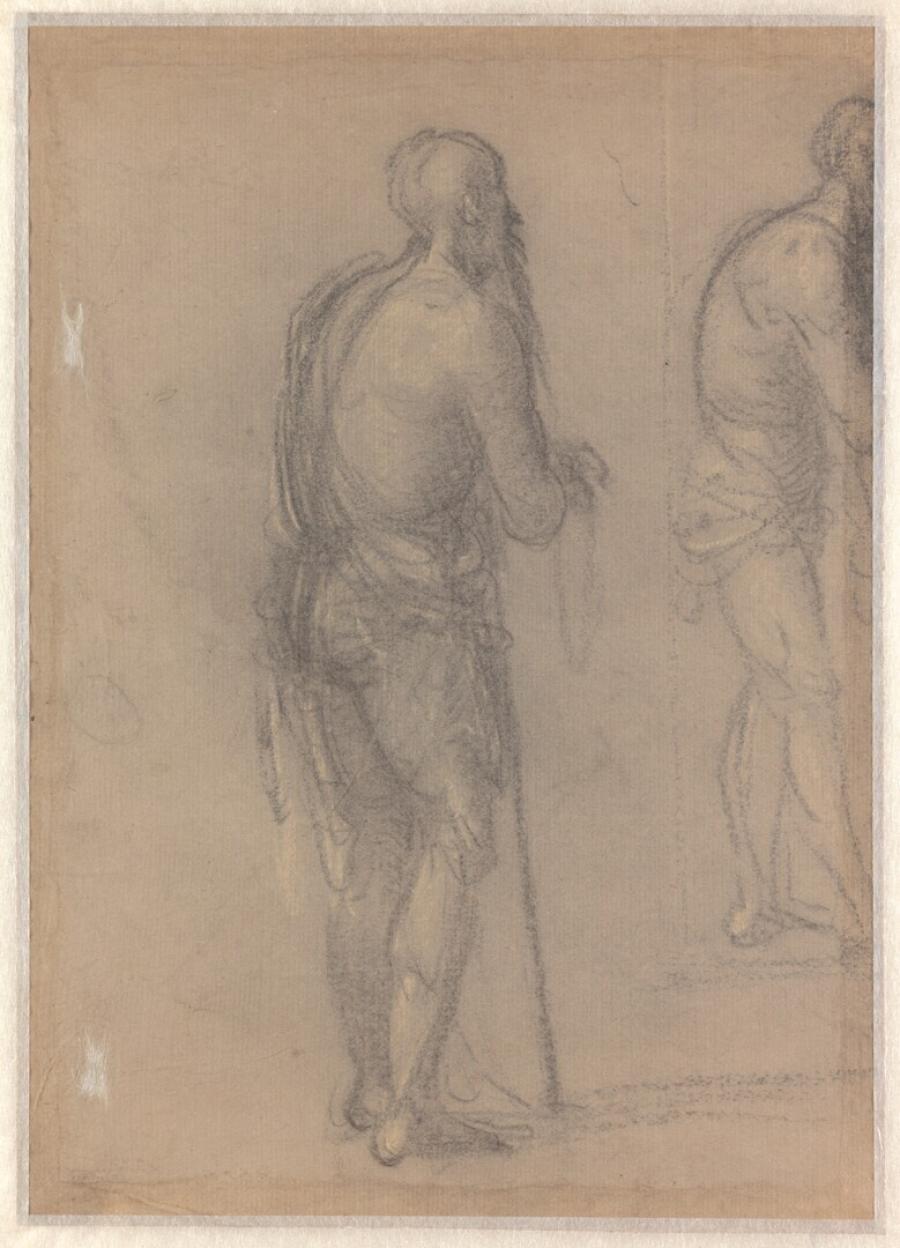 Twee studies van een bebaarde man leunend op een stok, van achteren gezien