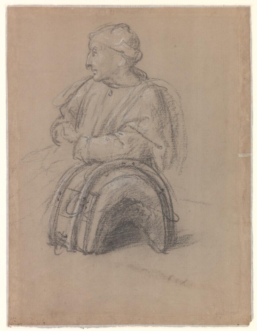 Studie voor een zittende Jozef leunend tegen een zadel in een 'Rust op de vlucht naar Egypte'