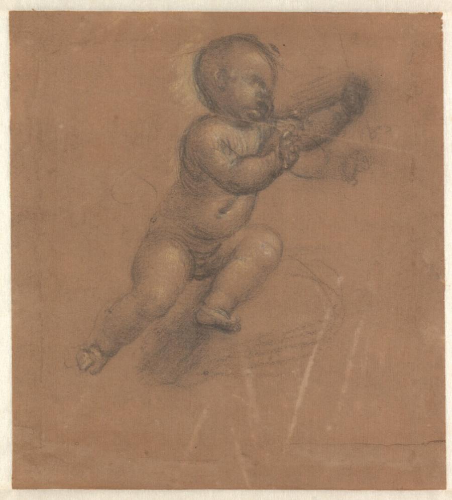 Studie van een zittend naakt jongetje met opgeheven armen, gewend naar rechts