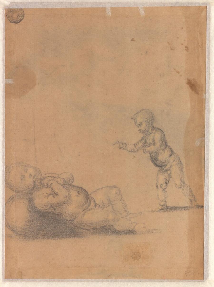 Studiy of a Naked Young Boy Recumbent on a Cushion and a Study of a Young Boy Walking