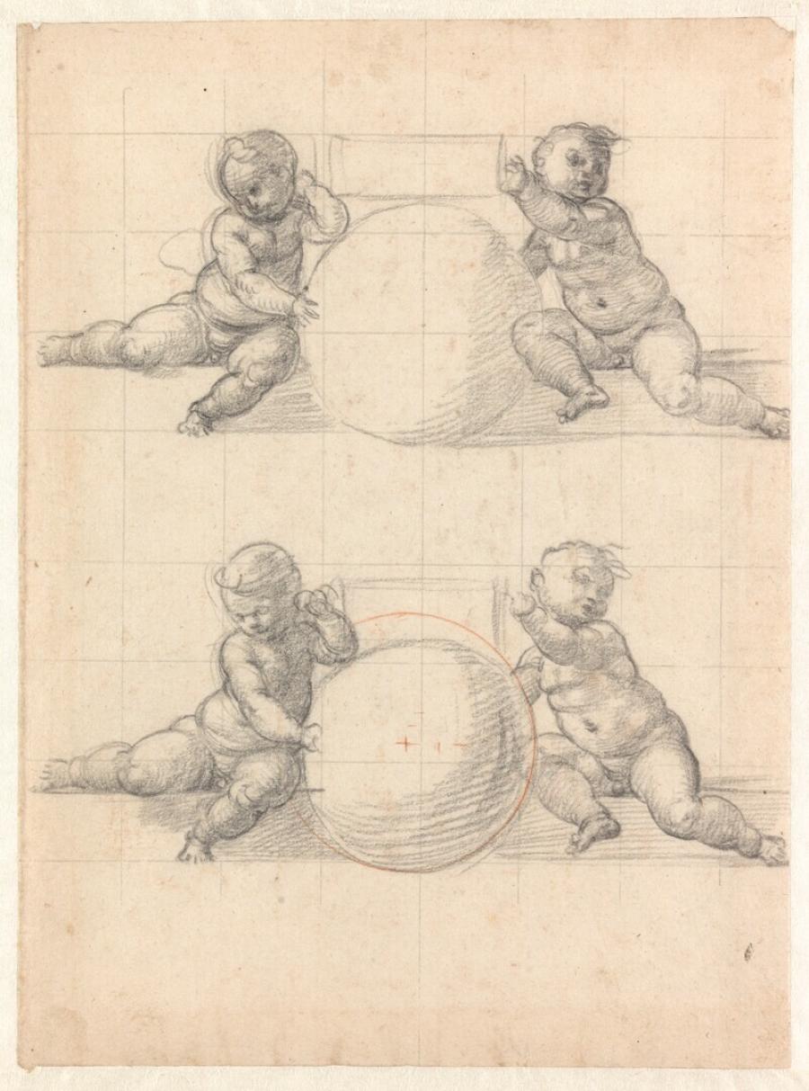 Twee studies voor de twee engeltjes die de globe steunen in de 'Salvator Mundi'