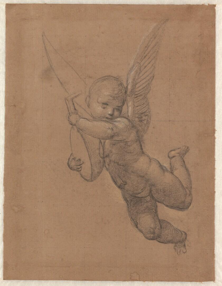 Studie voor de vliegende engel met een luit in de 'Pala del Gran Consiglio'
