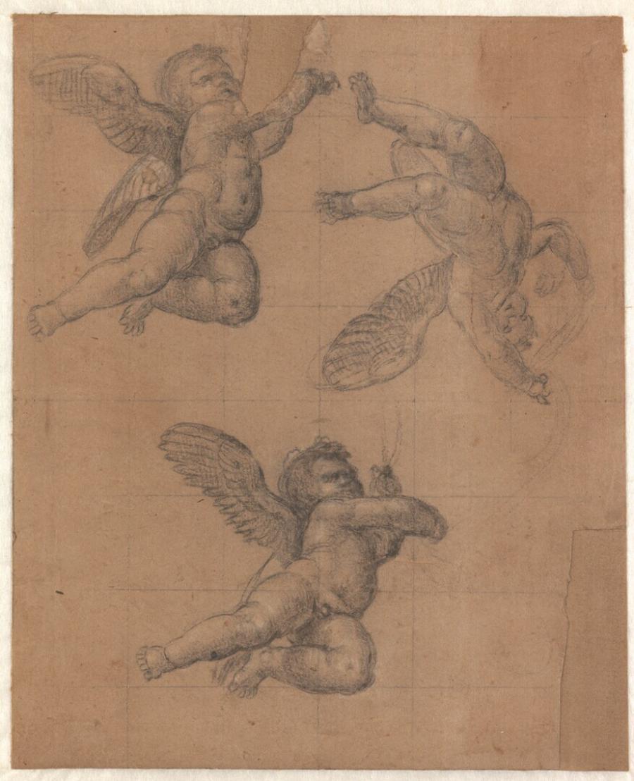 Studieblad met drie vliegende engelen