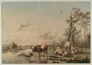 stier-koeien-en-schapen-in-een-weiland-bij-een-watertje-een-hooiwagen-in-de-achtergrond