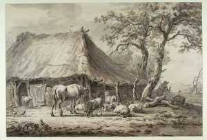 herder-met-een-paard-en-schapen-bij-een-schaapskooi