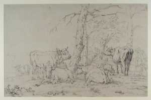 stier-koeien-en-schapen-en-een-melkmeid-onder-bomen