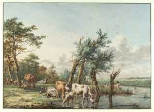 koeien-en-schapen-bij-wilgen-aan-de-waterkant-badende-mannen-in-de-achtergrond