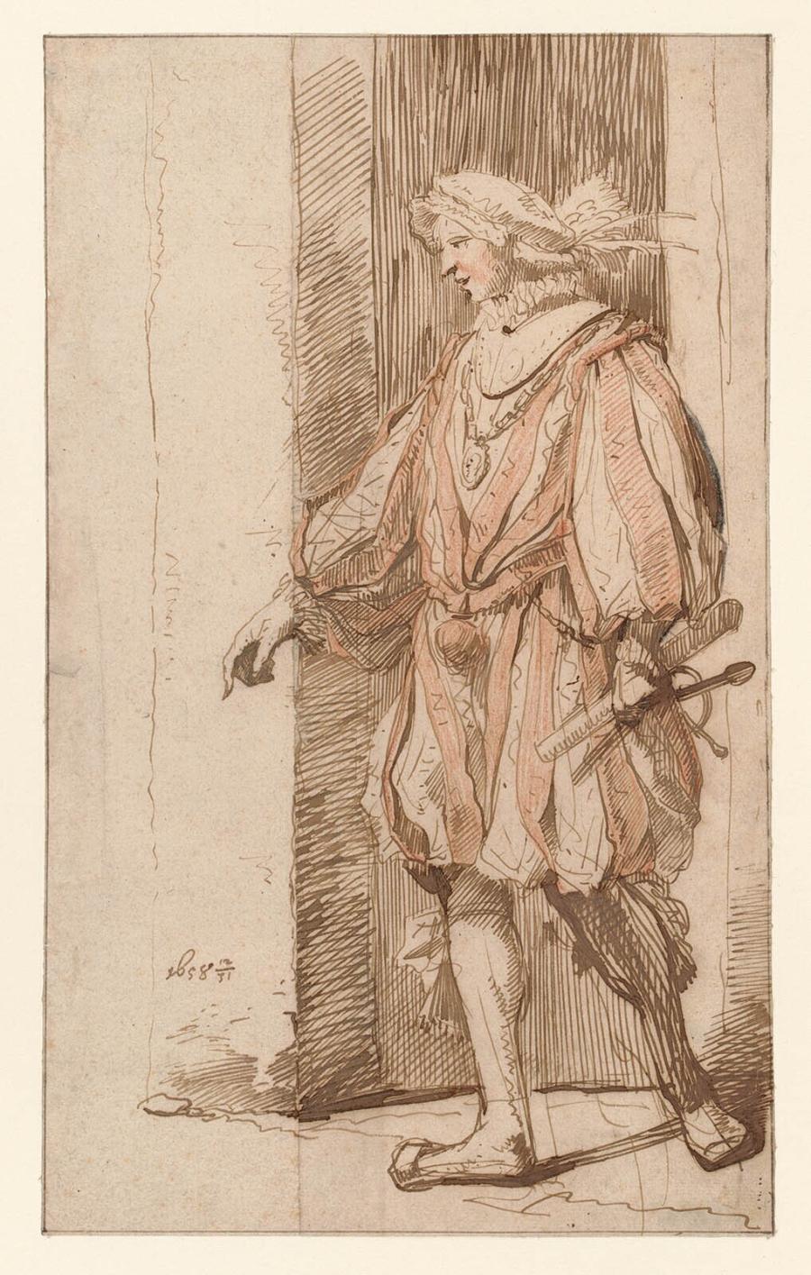 A Man Wearing a Hat with Feathers in 16th Century Costume