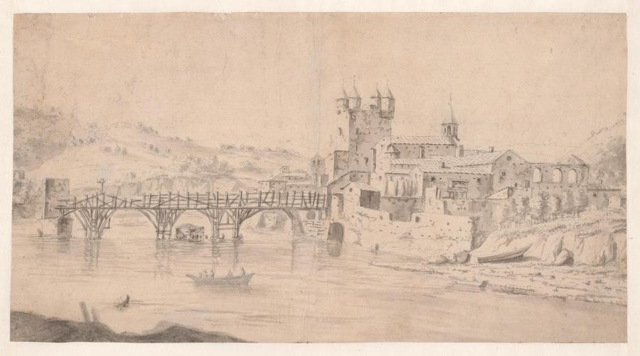 View of Vienne (France), from the North, with the Bridge over the river Rhône and the Tour des Valois