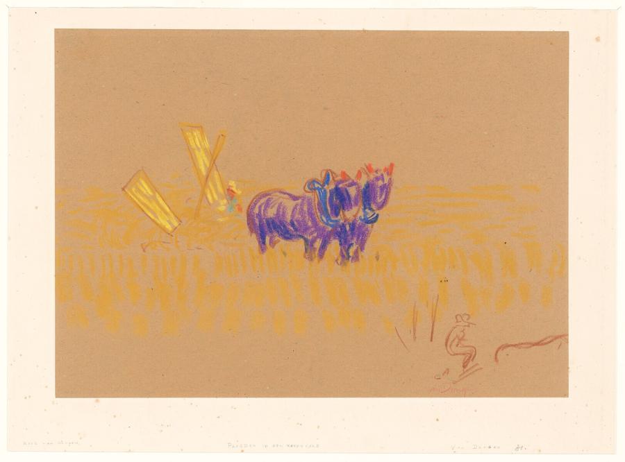 Maaimachine met  paarden in een korenveld