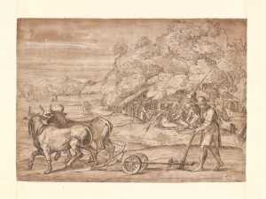 landschap-met-een-ploegende-boer-met-twee-ossen-spinnende-vrouwen-in-de-achtergrond-naar-prent-van-niccolo-boldrini-naar-ontwerp-van-titiaan