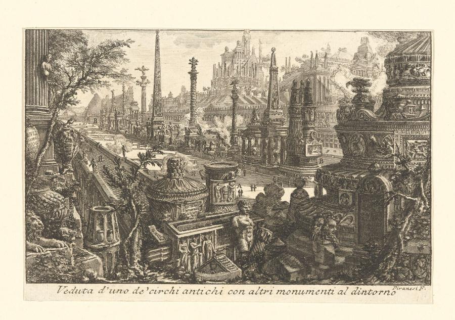 Veduta d'uno de'circhi antichi con altri monumenti al dintorno (Gezicht op een van de oude circussen met andere monumenten er omheen)