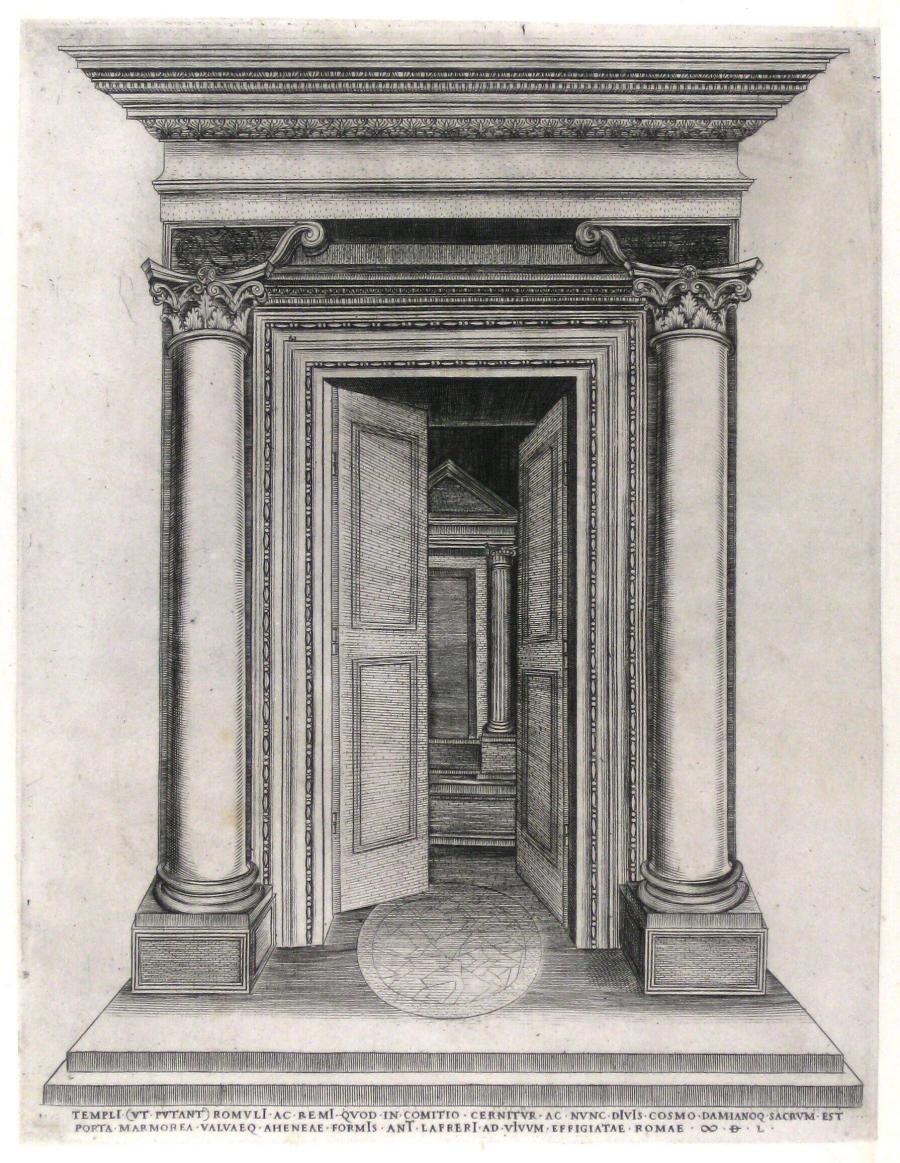 De ingang van de voormalige Tempel van Romulus en Remus te Rome