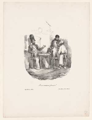 soldaat-met-fles-wijn-gebaart-naar-jongere-kameraad-en-dienstjongen