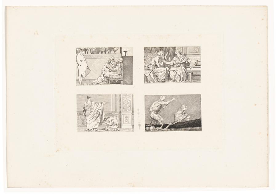 Trauernde Eltern / Eine Schwester und deren Mann / Psyche und Juno / Psyche fährt über den Acheron (Amor und Psyche, Opus Vb, Bl. 21)