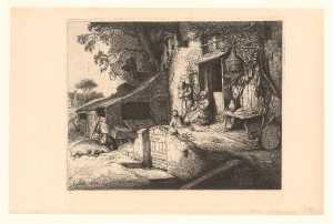 boerenfamilie-voor-hun-huis-de-vrouw-spint-wol