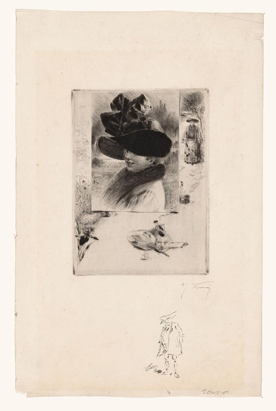 Vrouw met hoed met een Japans tafereel