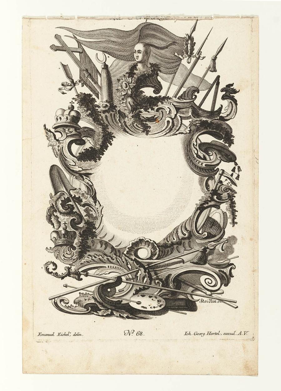 Cartouche with Weapons and Crowns