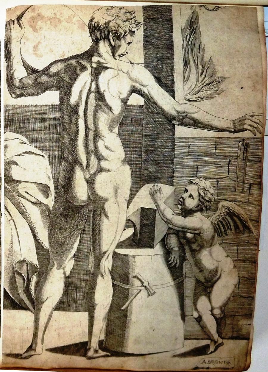 Mannelijk naakt van achteren gezien, staande naast een aambeeld (De smidse van Vulcanus?)