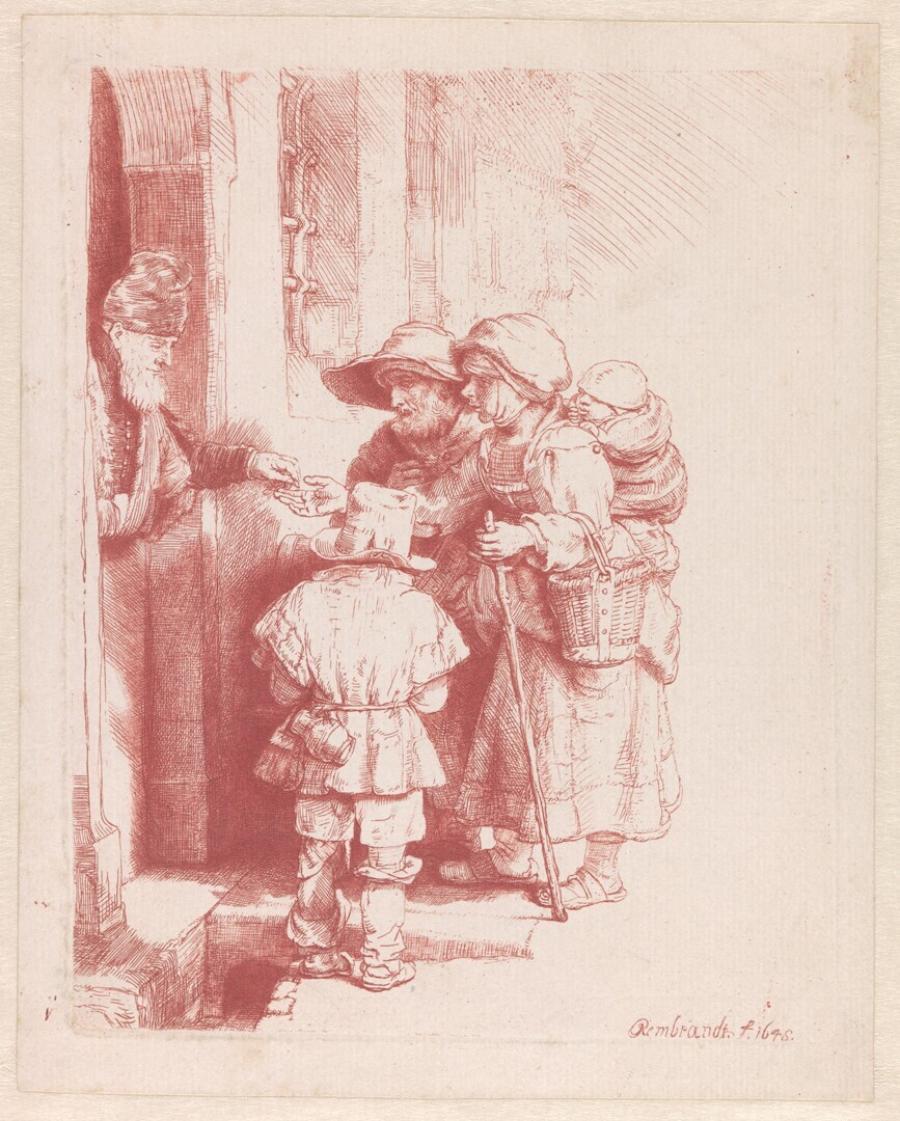 Een blinde liereman en zijn familie aan de deur van een huis