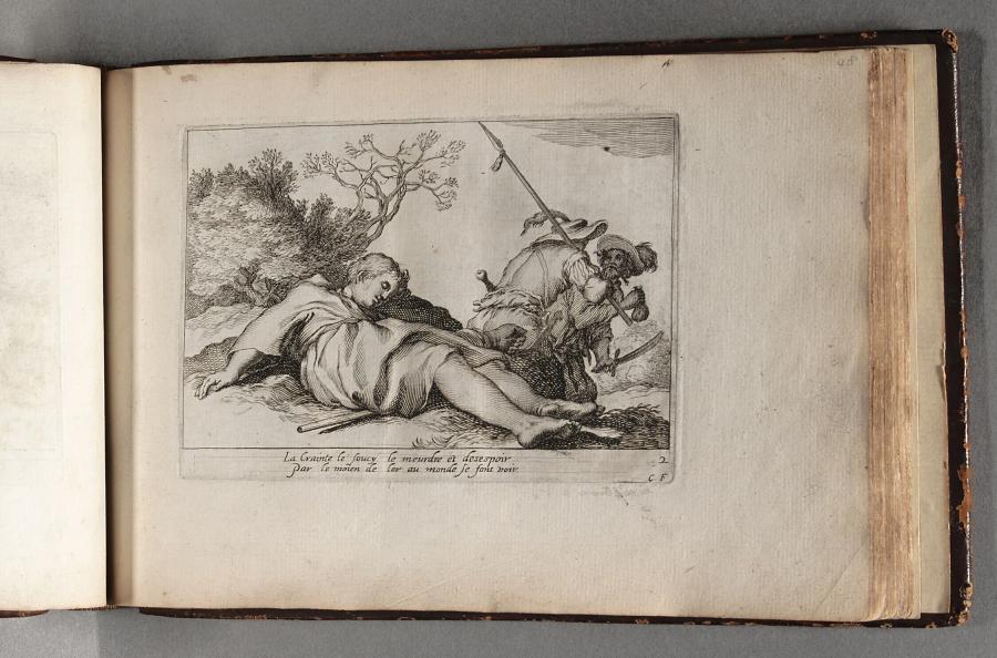 Sleeping Man next to two Standing Men