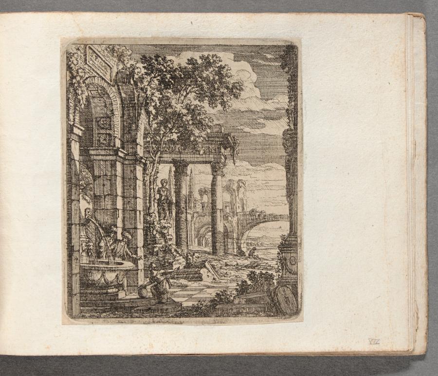 Antique Fountain at Left; a Woman with a Stone Jar near the Basin and a Herm at Right