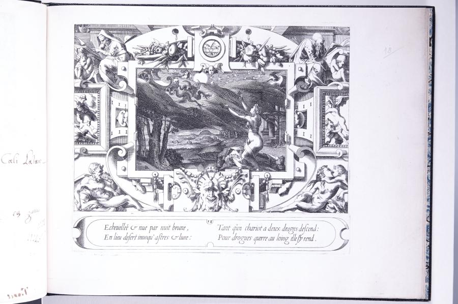 Medea heft haar armen omhoog naar een rijtuig in de lucht, getrokken door een draak