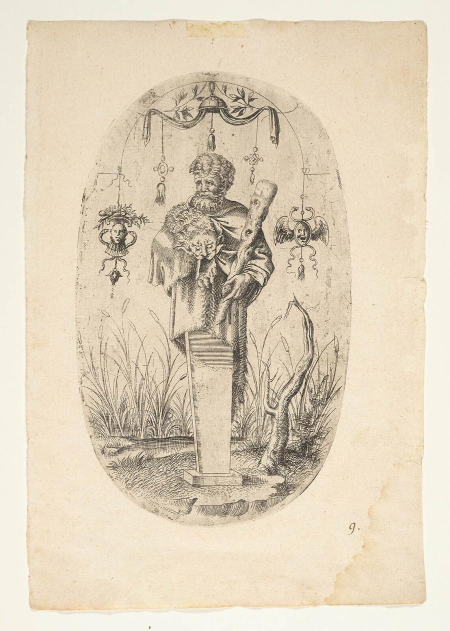 Term adorned with Hercules, wrapped in the lion skin and holding a club