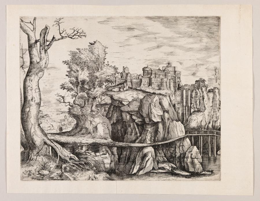 Rotsachtig landschap met fort en loopbrug