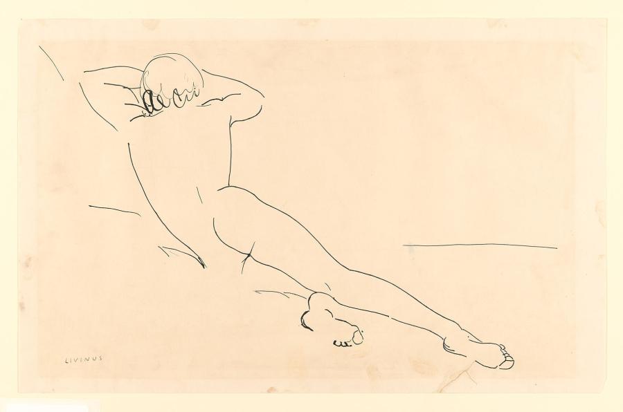 Liggend naakt naar links, van achteren gezien